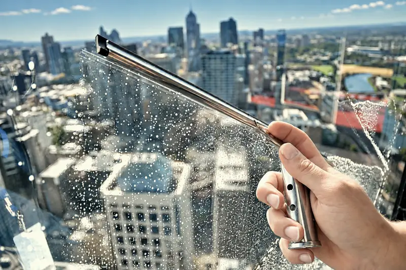 A squeegee clearing a high-rise window above the Melbourne CBD
