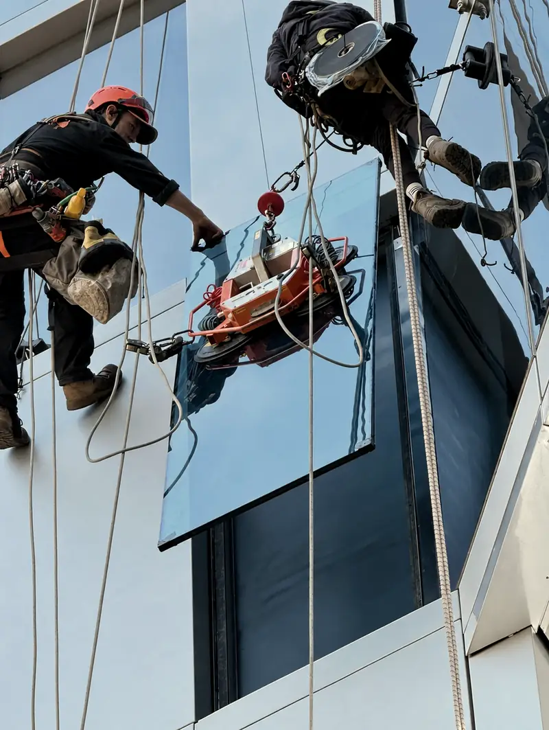 Rope-access technicians manoeuvring a replacement glass panel with a vacuum lifting frame