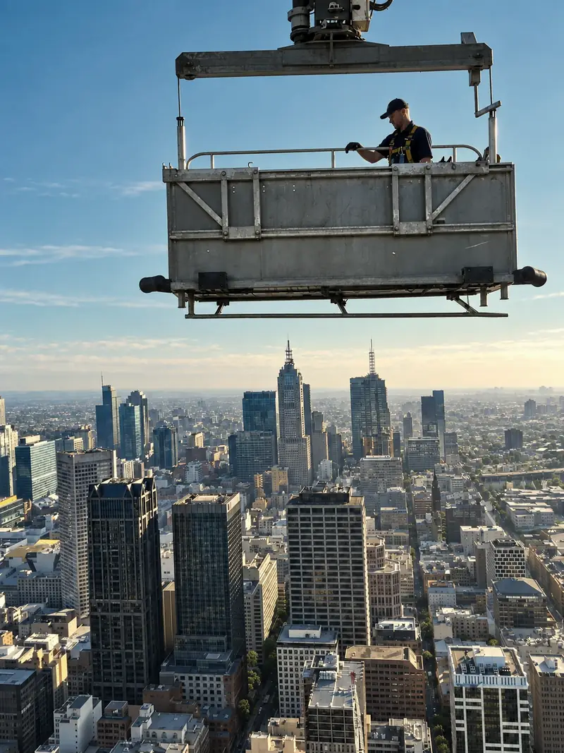 A BMU cradle and operator high above Melbourne’s city buildings