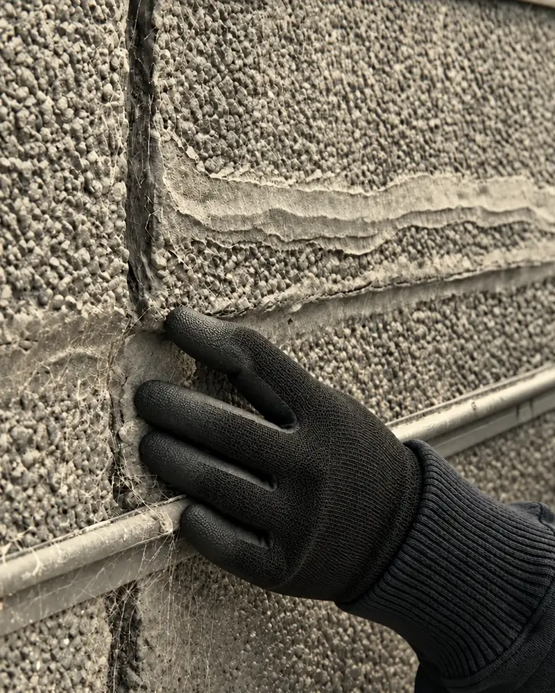 A gloved hand checking a joint on a concrete facade during an inspection